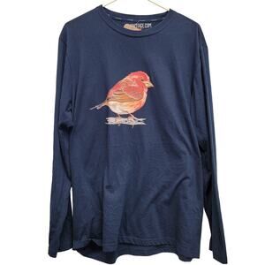 Hand Printed Upcycled Mens Medium Red Finch Bird PolyCotton Crew Neck Tee